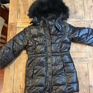 abercrombie kids Black Quilted Puffer Coat with Faux Fur Hood and lining